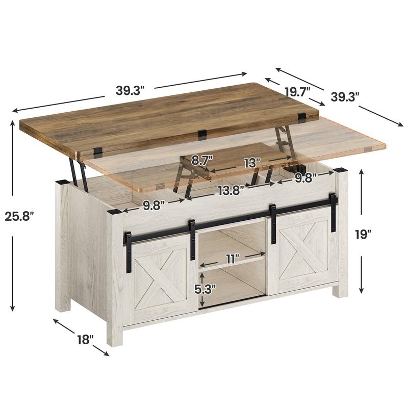 Mesa de centro Sedeta 4 en 1 multifuncional con tapa elevable - Muebles de sala de estar de estilo rústico en roble envejecido, mesa de comedor convertible con diseño plegable, puertas corredizas, almacenamiento y compartimento oculto, mesas de comedor co