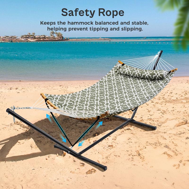 Hamaca doble portátil SUPERJARE de tela ajustable a rayas con soporte, hamaca acolchada de algodón y poliéster de alta resistencia de hasta 204 kg (450 lbs), almohada desmontable, barra curva resistente, bolsa de transporte portátil, ideal para decoración