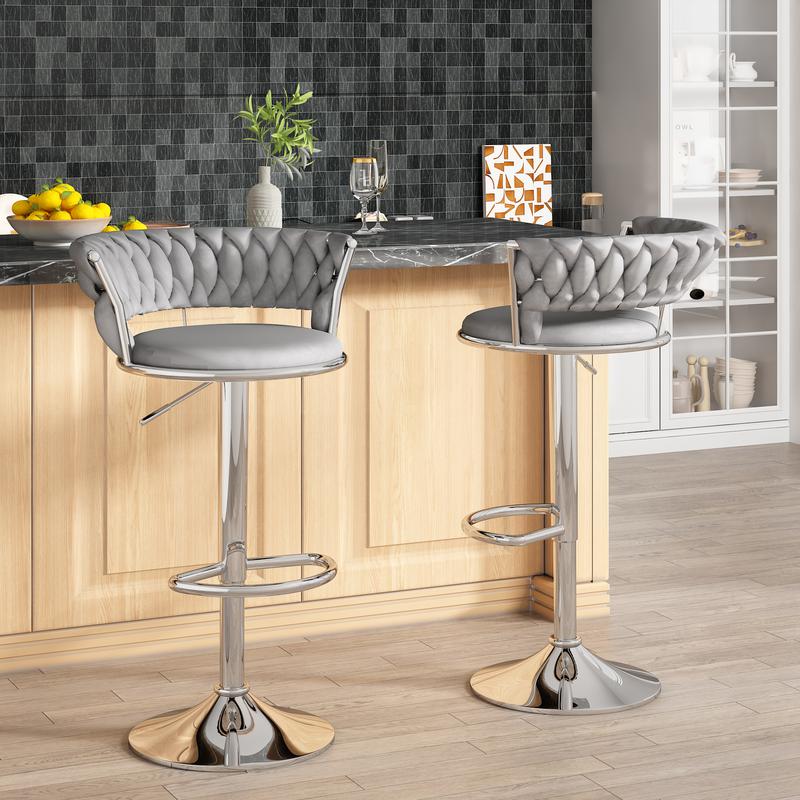 Juego de 2 taburetes de bar de terciopelo, sillas de bar minimalistas con altura ajustable, sillas tapizadas para isla de cocina, beige, negro, gris summergarden