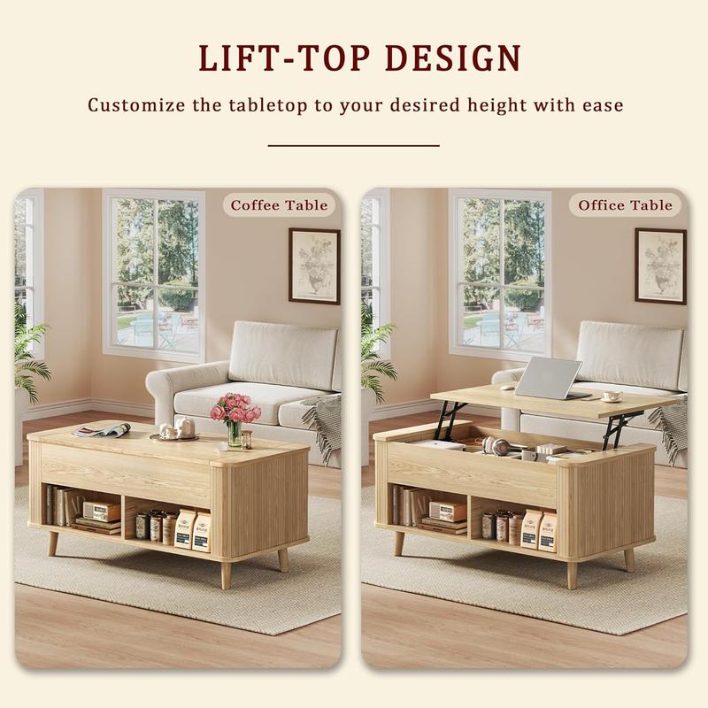 Mesa de centro elevable con almacenamiento, mesa de centro moderna de mediados de siglo de 104 cm con diseño de perfil estriado y curvo, compartimento de almacenamiento oculto, mesa de centro con estante inferior para sala de estar u oficina, roble.