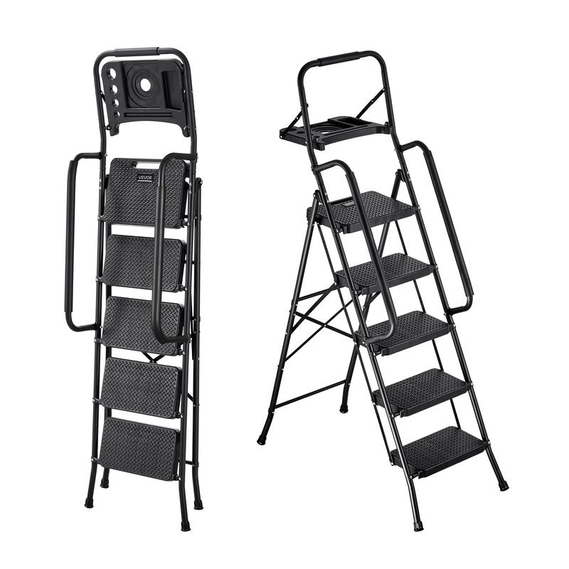 Escalera portátil de acero resistente VEVOR de 5 peldaños, taburete plegable con pedales anchos antideslizantes, bandeja para herramientas, pasamanos a ambos lados, capacidad de 272 kg (600 lbs), multiusos para el hogar, la oficina y la cocina, color negr