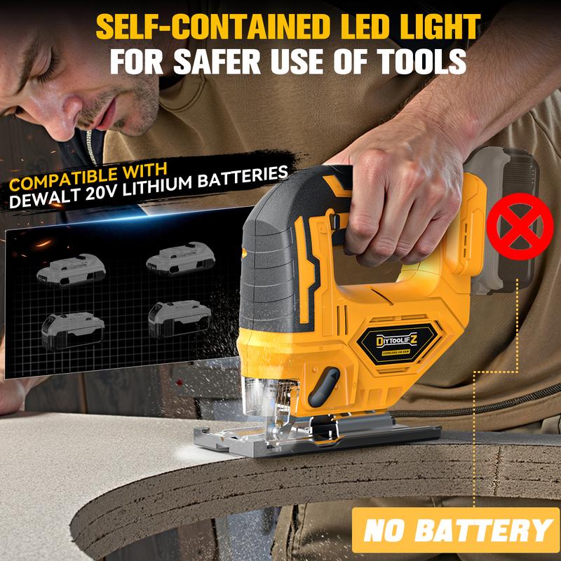 Sierra de calar inalámbrica compatible con batería Dewalt de 20 V (¡¡SIN BATERÍA!!), herramienta de sierra de calar sin escobillas, 2900 RPM, bisel de 0° a 45°, 3 acciones orbitales, luz LED para corte recto/curvo. Herramienta eléctrica para la vuelta al 