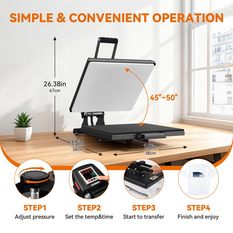 Prensa térmica de sublimación deslizante AKEYDIY de 15 × 15 pulgadas, prensa térmica con tapa abatible, máquina de transferencia digital de grado industrial, calentamiento rápido, adecuada para vinilo de transferencia térmica, funciona para camisetas, bol