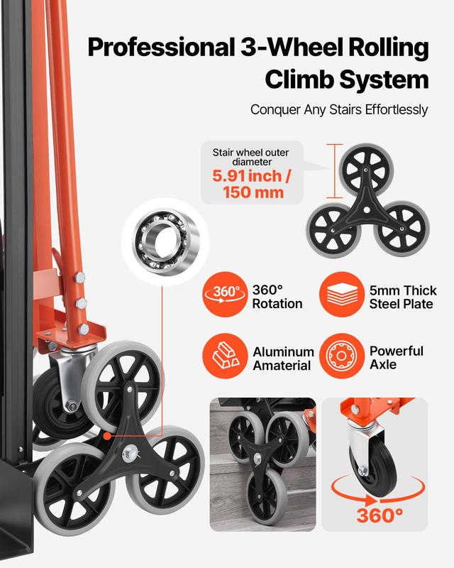 Carro industrial convertible 3 en 1 para subir escaleras, carga máxima de 350 kg, carretilla plegable con asa y ruedas, carro utilitario para subir escaleras, transporte y mudanzas, color naranja y plateado.