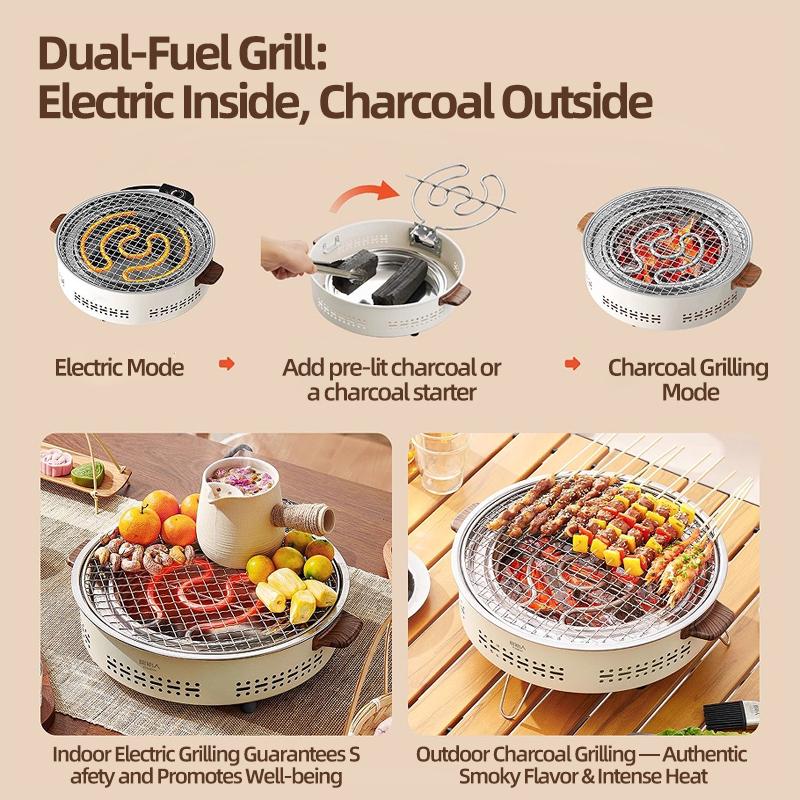 Parrilla portátil multifunción 2 en 1 Aoran, con funcionamiento a carbón y eléctrico, ideal para asar, cocinar y hervir agua; perfecta para reuniones familiares y acampadas al aire libre.