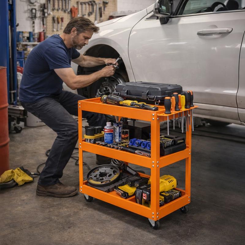Carro utilitario metálico SEKAM de alta resistencia con capacidad para 150 kg (330 lbs) y base rodante de 4 ruedas. Carro de trabajo para garaje, almacén, taller y almacenamiento de herramientas para uso industrial.