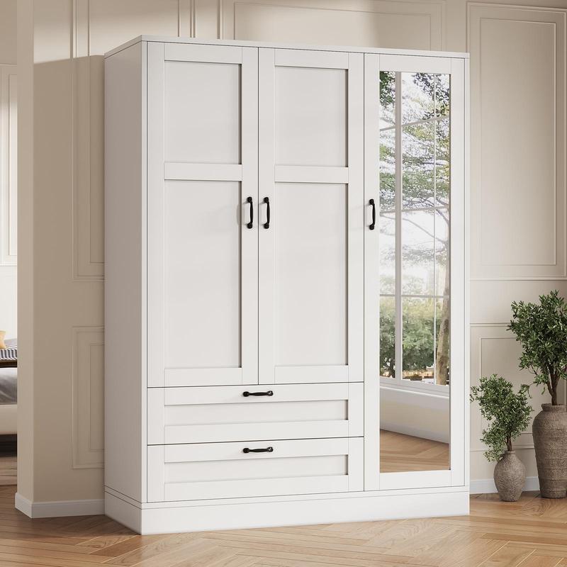Armario moderno de madera blanca de 3 puertas FUSOU - Mueble de almacenamiento independiente con espejo de cuerpo entero, estantes ajustables, barra para colgar ropa, organizador de ropa, se envía en 2 paquetes para la organización del armario del dormito