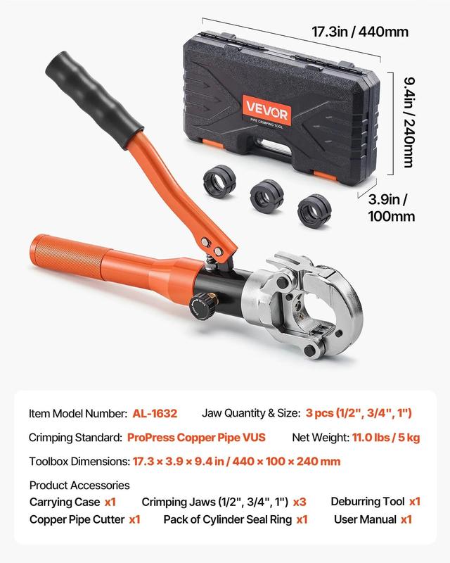 【OfertasParaTi】Herramienta de engaste de tuberías de cobre VEVOR. Herramientas y dispositivos de prensado profesional accionados hidráulicamente con mordazas de 1/2", 3/4" y 1". Engastadora de accesorios de tubería de cobre para espacios estrechos y acces