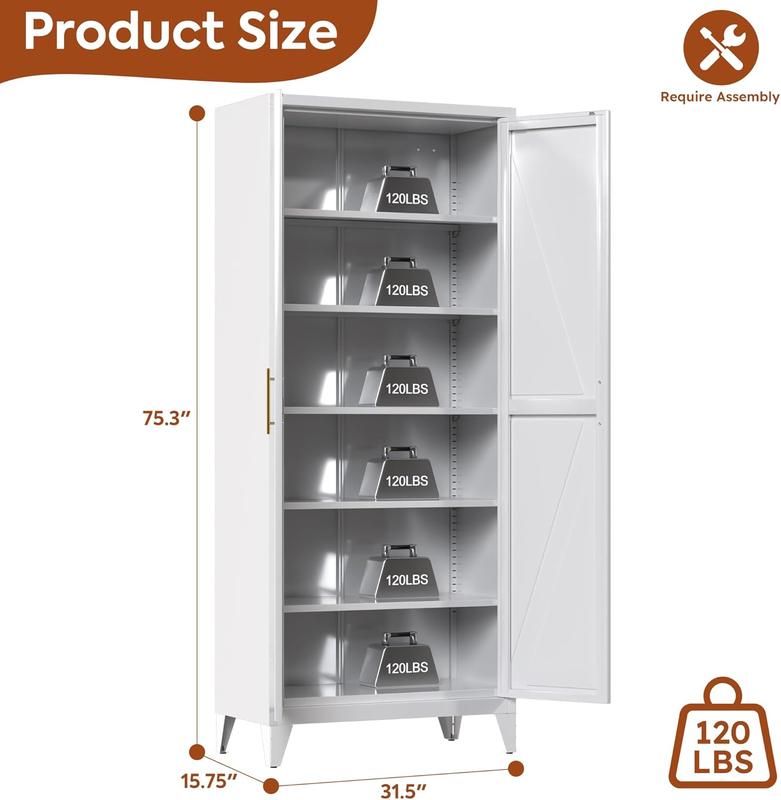 Armario despensa metálico de 190 cm de alto con puertas, armario despensa de cocina estilo rústico con 5 estantes ajustables para cocina, sala de estar, requiere montaje, blanco, 40 cm de profundidad x 80 cm de ancho x 190 cm de alto