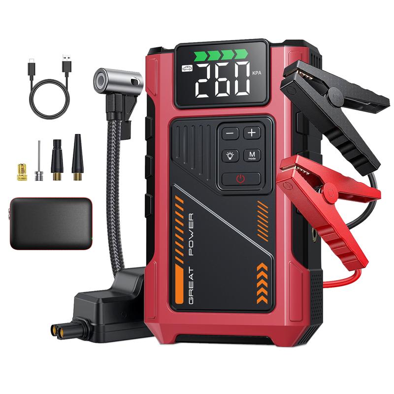 Arrancador portátil de 12000 mAh con compresor de aire, 150 PSI, caja de arranque para baterías de coche de 12 V, motores de gasolina de 10,0 L y diésel de 9,0 L, inalámbrico, pinzas seguras para un uso sencillo.