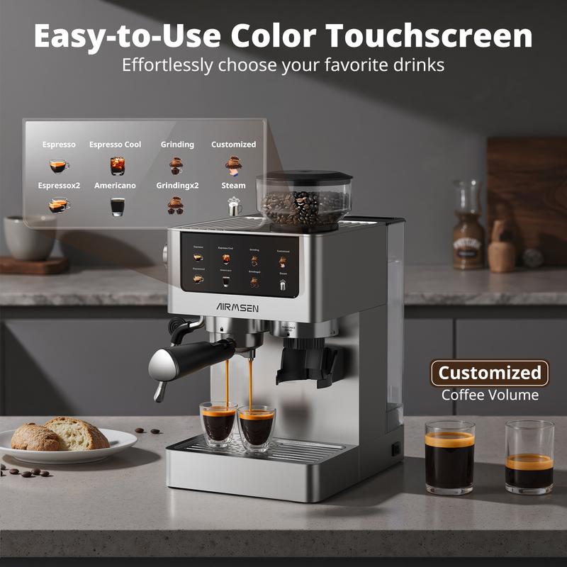Cafetera espresso AIRMSEN con molinillo de muelas, 20 bares, acero inoxidable para uso doméstico, cafetera profesional con depósito de agua extraíble y espumador de leche BCM2316