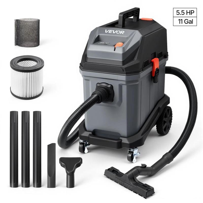 Aspiradora industrial VEVOR, 5.8 galones (21.9 litros) para uso en seco y húmedo, 4 HP de potencia máxima con autolimpieza de un botón, doble filtro, 900 W de potencia de entrada, manguera de 3.17 cm x 2.13 m, cable de 3 m, tanque metálico para obras, tal