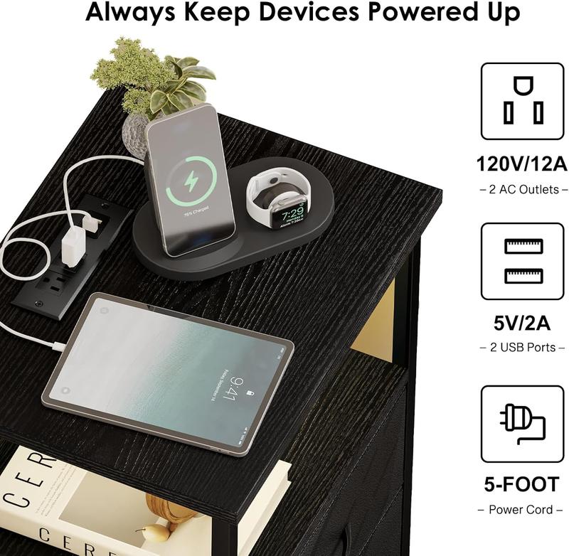 【Summergarden】Mesita de noche con estación de carga, mesita de noche LED con puertos y tomas USB, 2 cajones de almacenamiento de tela con acabado de PU, mesita de noche pequeña, negra