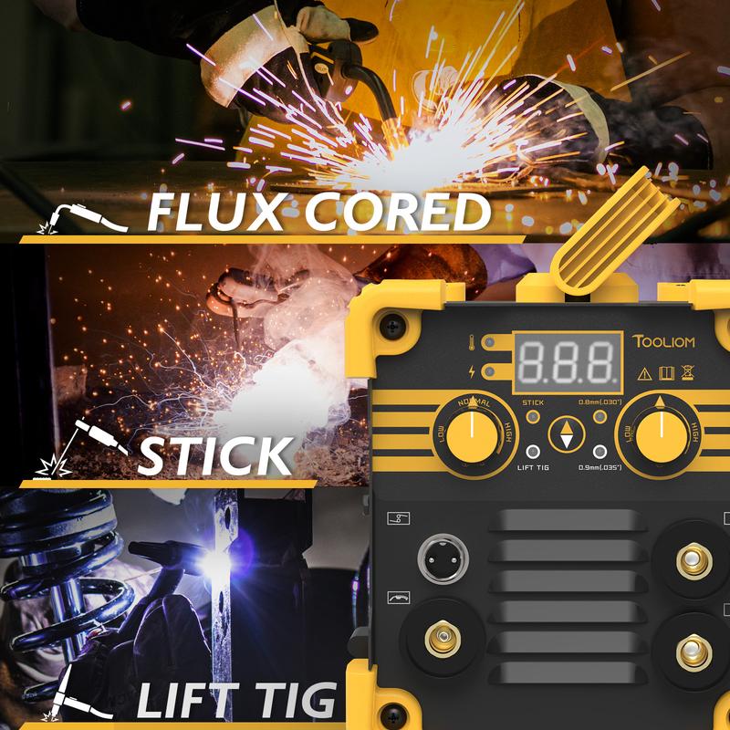 Soldadora MIG sin gas TOOLIOM FLUX-135-MINI de 110 V - Máquina de soldadura 3 en 1 de 135 A con núcleo fundente/TIG/electrodo revestido para principiantes, soldadora portátil con alimentador de alambre inverter, incluye guantes y alambre E71T-GS.