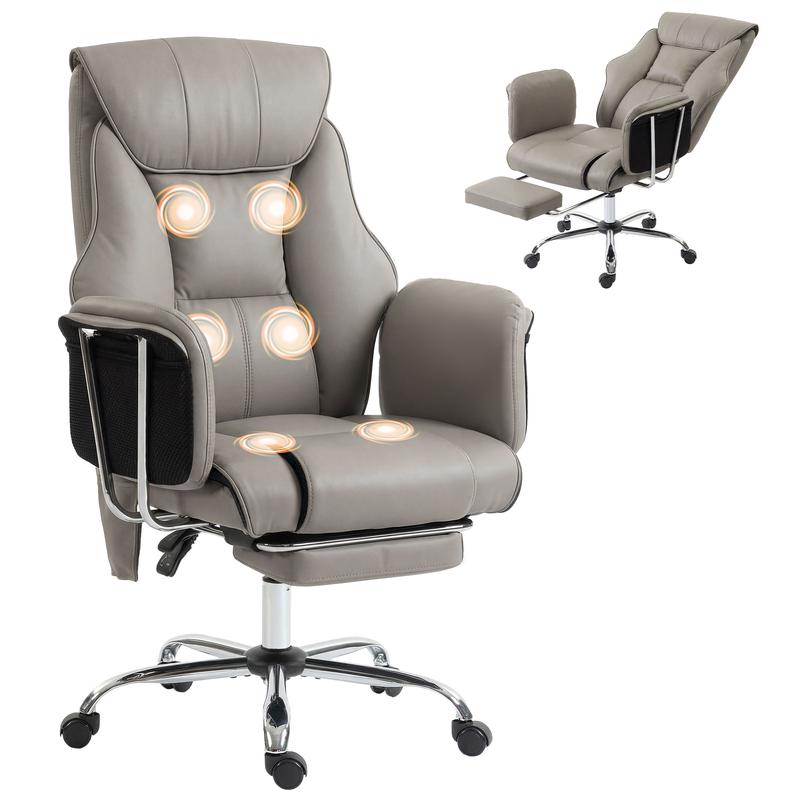Sillón de oficina con masaje y vibración de 6 puntos, sillón reclinable acolchado con respaldo alto, tapizado en cuero sintético, reposapiés, cojín de muelles grueso, soporte lumbar, altura ajustable y ruedas giratorias.