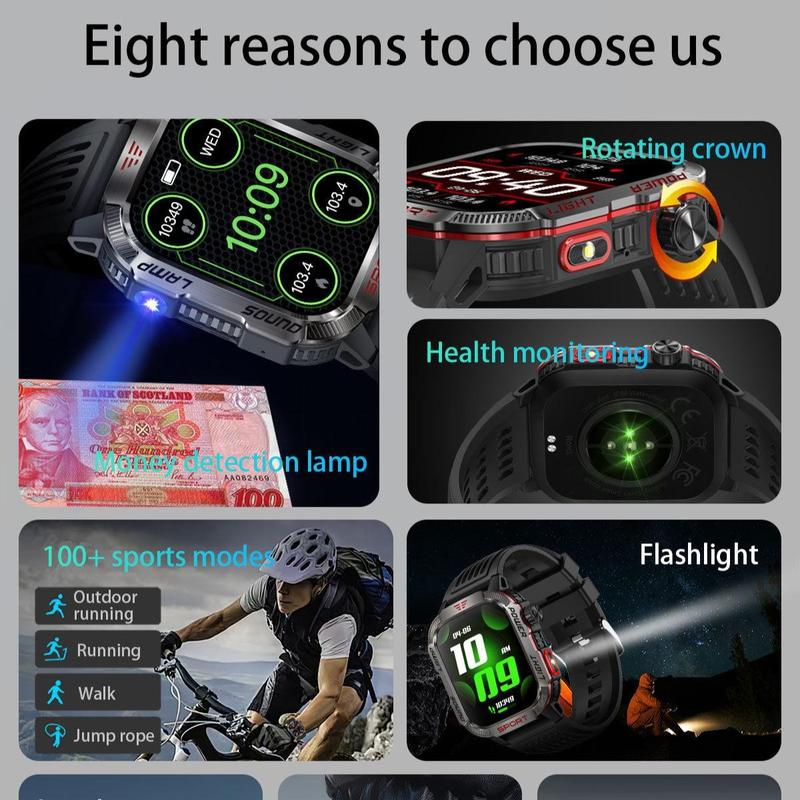 Reloj inteligente LOPEZ TIPS: el mejor reloj inteligente para exteriores para hombres, linterna LED, detector de dinero UV, brújula, sensor de altitud, carcasa resistente de aleación, modos deportivos y de fitness.