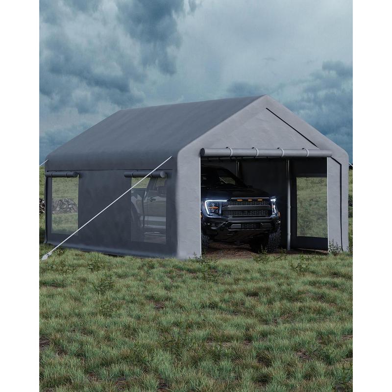 Cochera/garaje portátil resistente de 3,6 x 6 m, toldo de lona de PE de 200 g con 2 puertas enrollables y 4 ventanas, refugio de almacenamiento exterior para camionetas, SUV, barcos y eventos, disponible en caqui, gris y blanco.