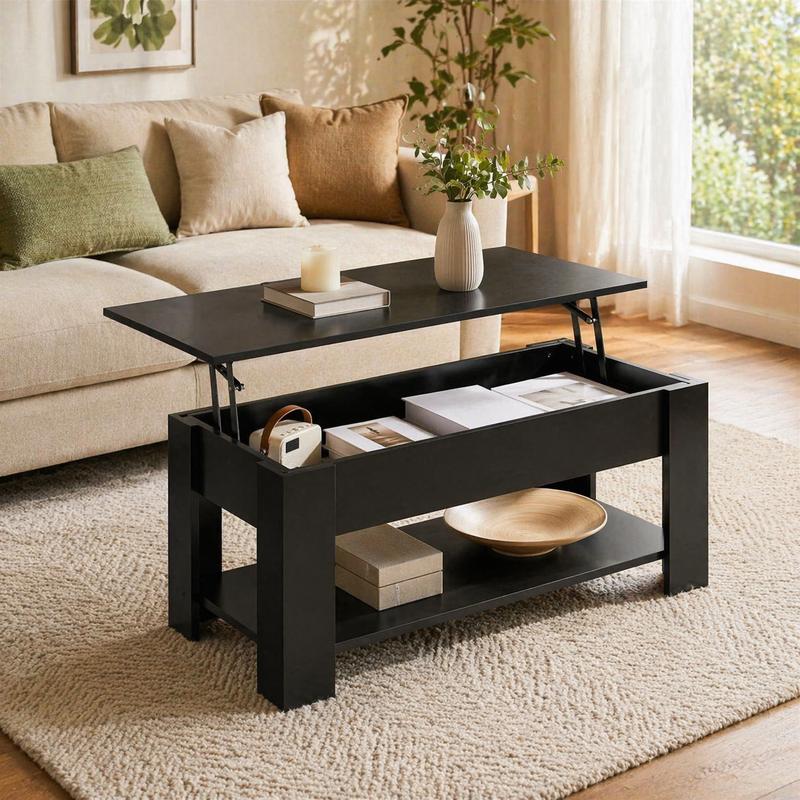 Mesa de centro elevable Yaheetech con compartimento oculto y 2 estantes abiertos. Diseño multiusos. Elevador a gas. Ideal para espacios pequeños. Perfecta para sala de estar, oficina o el hogar.