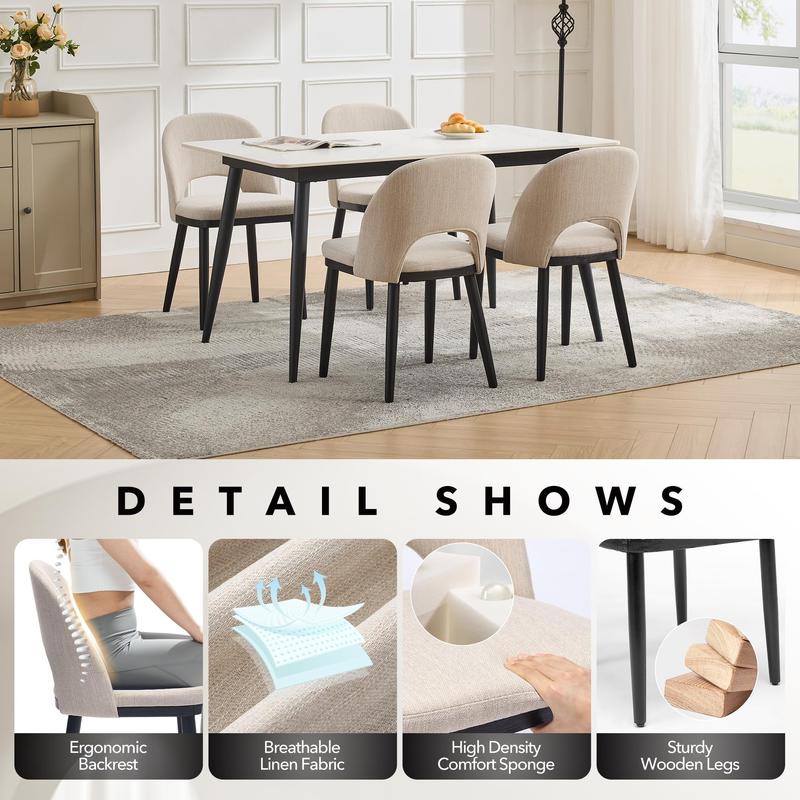 Juego de 4 sillas de comedor de madera Garvee, sillas tapizadas para cocina y comedor con respaldo curvo y patas de madera, silla de comedor moderna de tela estilo granja para restaurante/cafetería, color beige.