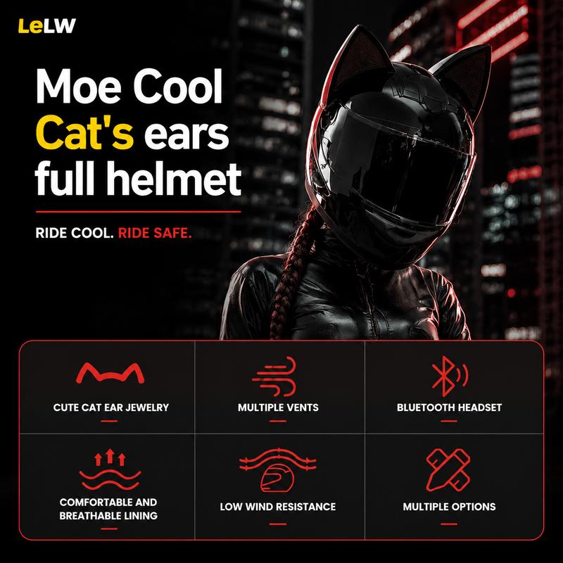 Casco de moto LeLW con orejas de gato, bonito casco integral para mujeres y hombres, casco de seguridad con certificación DOT, doble visera, forro extraíble y lavable, compatible con Bluetooth, sistema de ajuste regulable, incluye bolsa para el casco.