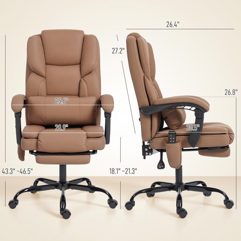 Sillón de oficina con masaje y vibración de 6 puntos, sillón reclinable acolchado con respaldo alto, tapizado en cuero sintético, reposapiés, cojín de muelles grueso, soporte lumbar, altura ajustable y ruedas giratorias.