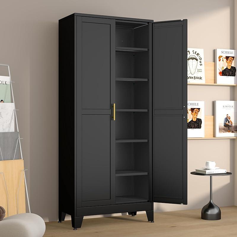 Armario despensa metálico con 2 puertas y 5 estantes ajustables, 190 cm (75"), armarios de almacenamiento de cocina con tiradores dorados, almacenamiento versátil para lavadero, sala de estar, baño, comedor, cuarto de servicio, organizador de muebles para