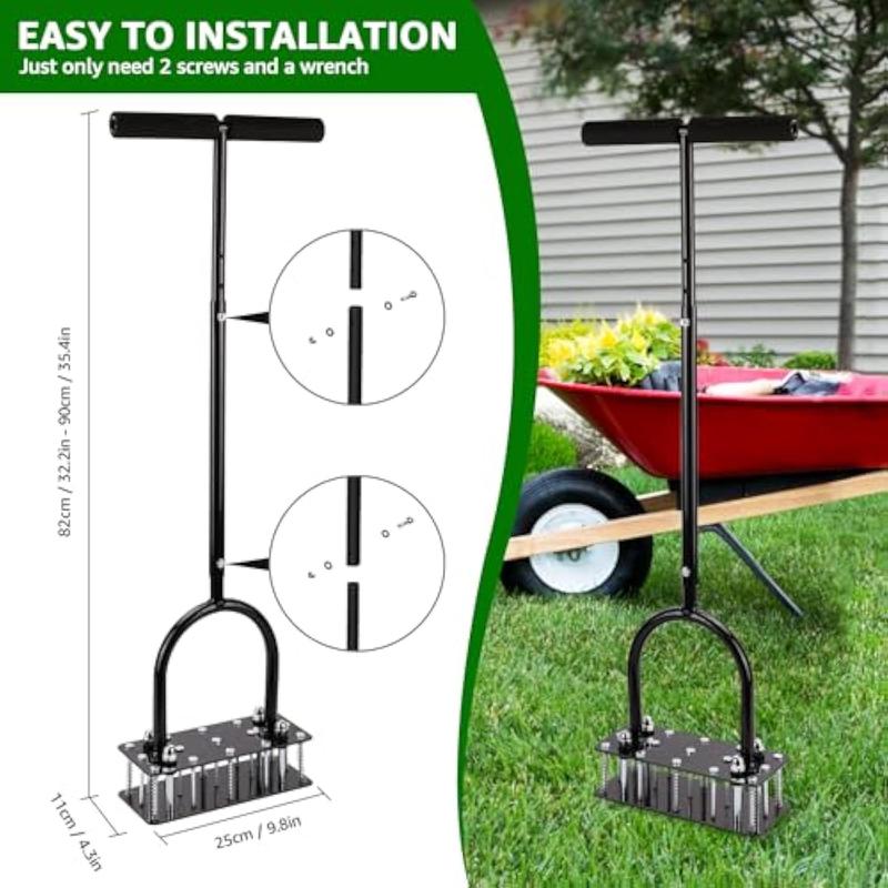 Aireador de césped RIFPOD - Herramienta aireadora de césped, diseño de limpieza automática de tierra y hojas, aireador de césped manual de alta resistencia con 15 púas de hierro, altura ajustable, aireador de césped para jardín (negro)