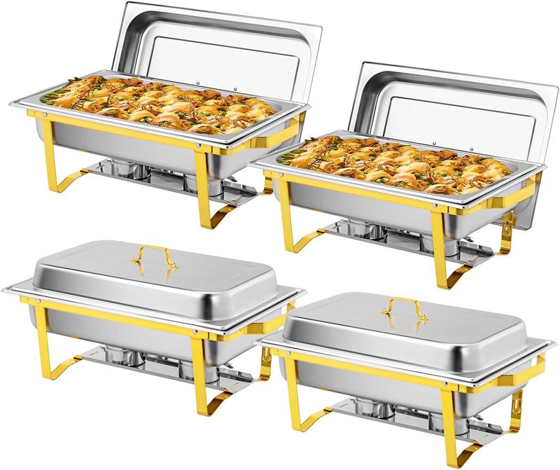 Paquetes de 2/4 calentadores de alimentos dorados para buffet, juego de calentadores de alimentos de alta calidad de 9 cuartos de galón, juegos de calentadores de alimentos rectangulares de acero inoxidable para fiestas, bodas y catering.
