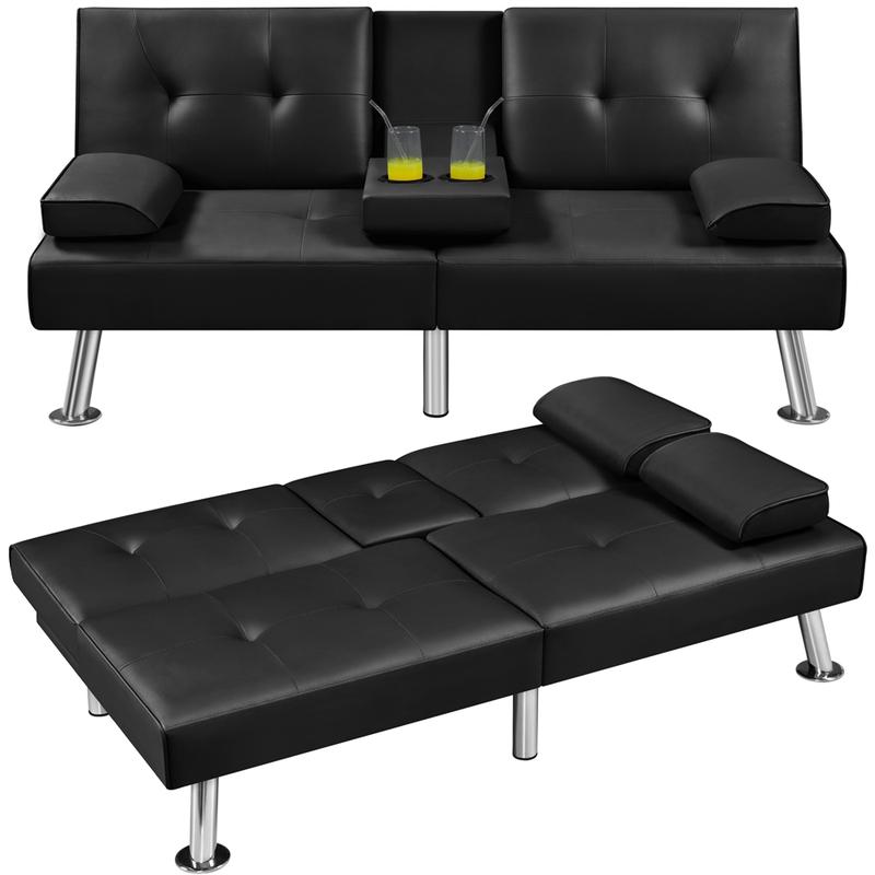 【Mayor área para dormir】Sofás y cama futón convertibles modernos de piel sintética Yaheetech con 2 cojines decorativos y portavasos abatibles, sofá futón ajustable 3 en 1