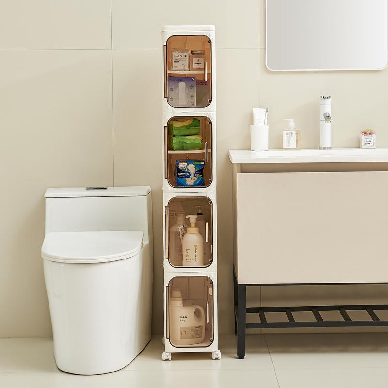 Armario de almacenamiento UFORU de cuatro niveles, alto y estrecho, fabricado en plástico, con un diseño delgado, puertas y estantes ajustables, ruedas, apilable y plegable, adecuado para espacios pequeños, baños y cocinas.