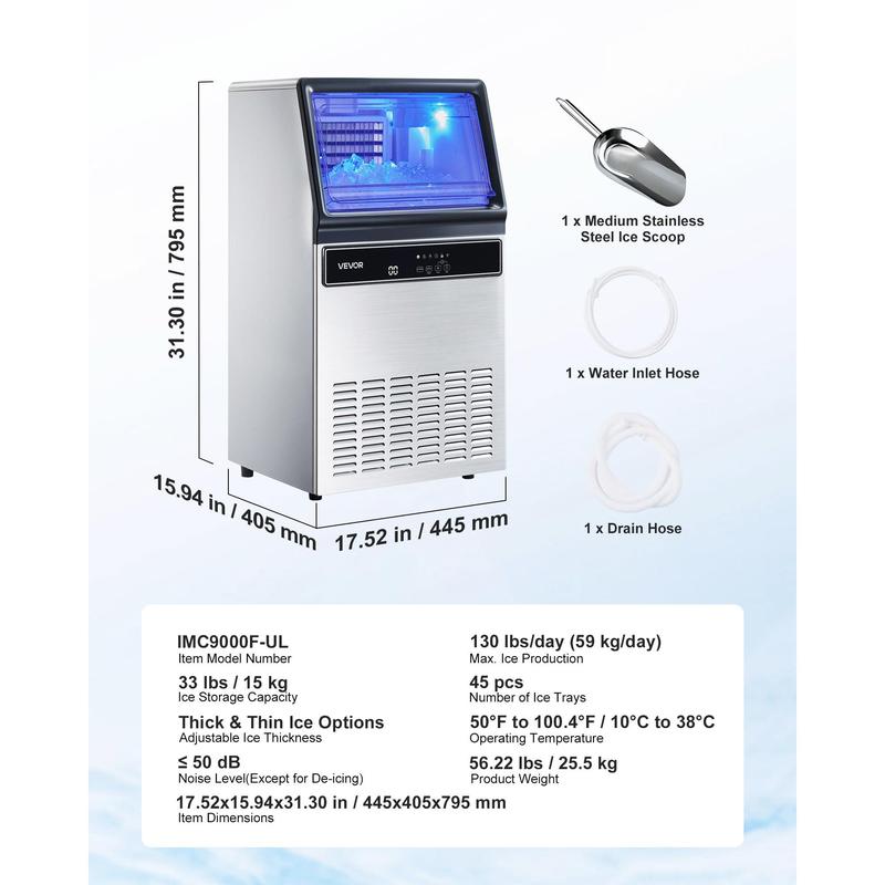 Máquina de hielo comercial, 130 libras/24 horas con almacenamiento de 33 libras, 45 cubitos por ciclo, de acero inoxidable, independiente o bajo mostrador, con pantalla LED y autolimpieza, para bar doméstico o restaurante.