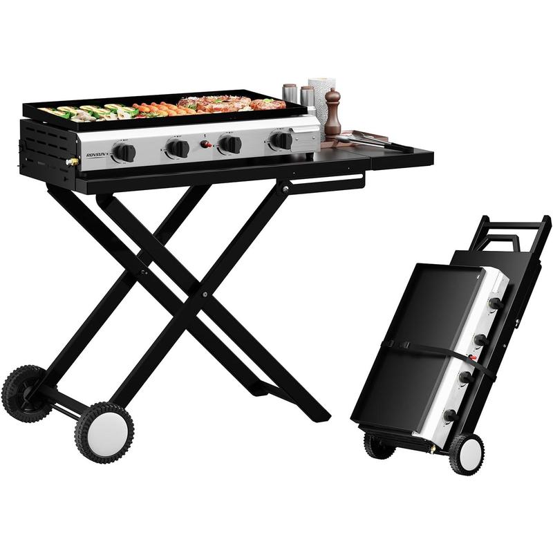 Plancha plegable de propano ROVSUN de 4 quemadores con ruedas y bandeja esmaltada, parrilla de gas portátil de superficie plana de 40000 BTU con encendido electrónico y regulador para cocinar al aire libre, acampar, barbacoas, picnics y eventos deportivos