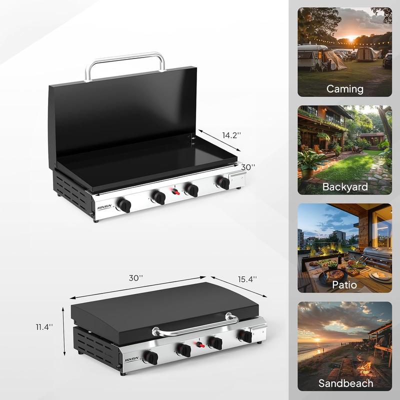 Plancha portátil de propano ROVSUN de 2/4 quemadores con bandeja y tapa esmaltadas, parrilla de gas de mesa plana de 20000/40000 BTU con encendido electrónico y regulador para cocinar al aire libre, acampar, barbacoas y eventos al aire libre.