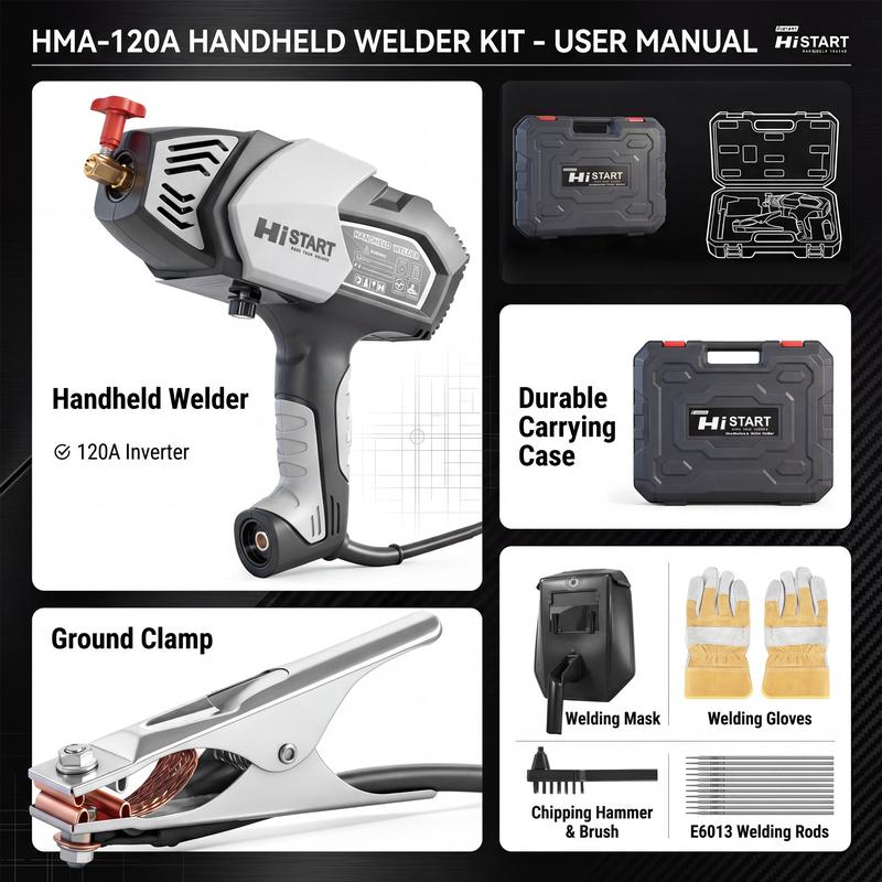 Kit de soldadora de mano de 120 A: soldadora inverter portátil con sistema de refrigeración integrado, funcionamiento con una sola mano, compacta y ligera, ideal para principiantes y para reparaciones rápidas en el hogar.