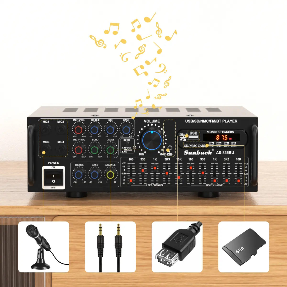 Amplificador de potencia estéreo HiFi Bluetooth 5.0 con mando a distancia y 4 entradas de micrófono; compatible con uso doméstico y en coche; funciones de mezclador, radio, subwoofer y audio para smartphones; universal, con karaoke, FM, USB, SD y AUX.