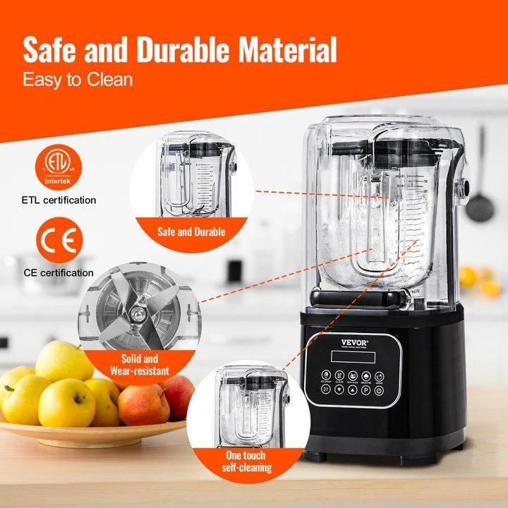 Licuadora profesional VEVOR con pantalla táctil y protector, máquina de jugo multifuncional comercial de mostrador, combo de 68 oz con acero inoxidable, 9 velocidades y juego de cuchillas silenciosas de 5 funciones, para batidos, smoothies, triturar hielo