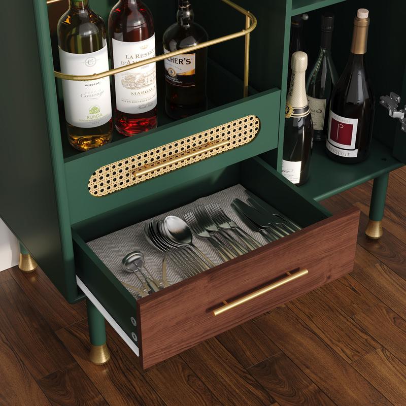 Mueble bar HLR verde esmeralda con detalles dorados, detalles de ratán, almacenamiento de doble zona de 94 cm y cajón extraíble: muebles de estilo clásico para apartamentos, muebles para estudios, ideal para quienes disfrutan del entretenimiento en casa,