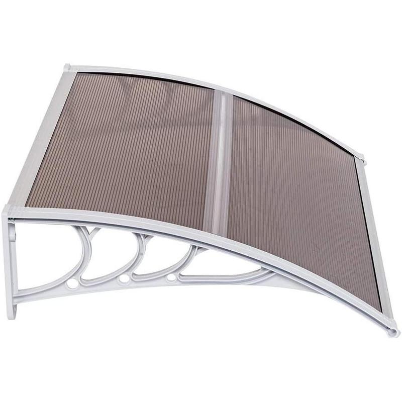 Toldo para ventana y puerta Ubesgoo, cubierta de policarbonato para puerta principal, toldo para patio exterior, protección UV, lluvia, nieve y luz solar, lámina hueca, tablero marrón y soporte blanco.