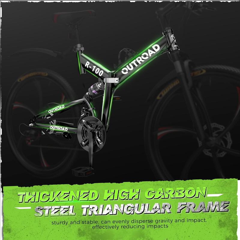 Bicicleta de montaña plegable unisex Outroad de 26 pulgadas - 21 velocidades, cuadro plegable compacto de acero de alto carbono, suspensión completa, frenos de disco dobles, bicicleta de ciclismo para adultos, negro/naranja/verde