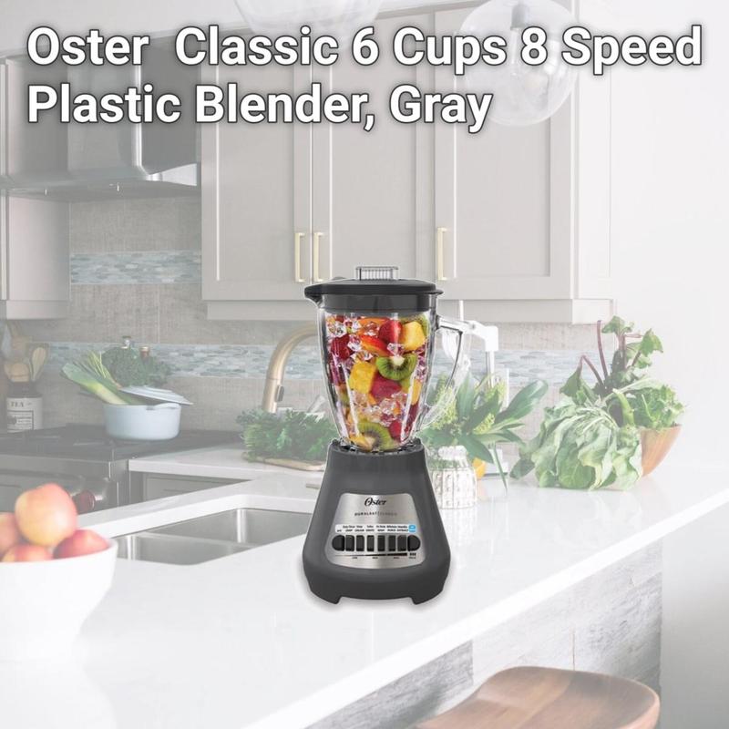 Jarra de plástico para licuadora Oster Classic de 6 tazas - Licuadora con control de velocidad ajustable de 8 velocidades, color gris, electrodoméstico de cocina para preparación de lotes de 6 tazas, control de 8 velocidades