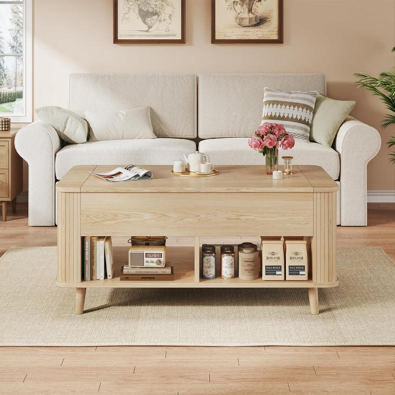 Mesa de centro elevable con almacenamiento, mesa de centro moderna de mediados de siglo de 104 cm con diseño de perfil estriado y curvo, compartimento de almacenamiento oculto, mesa de centro con estante inferior para sala de estar u oficina, roble.