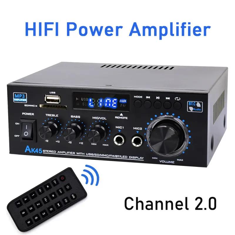 Amplificador estéreo Bluetooth 5.0 HiFi de 2.0 canales con soporte para USB, SD y RCA para micrófono dual, ideal para karaoke, cine en casa, fiestas y transmisión de audio.