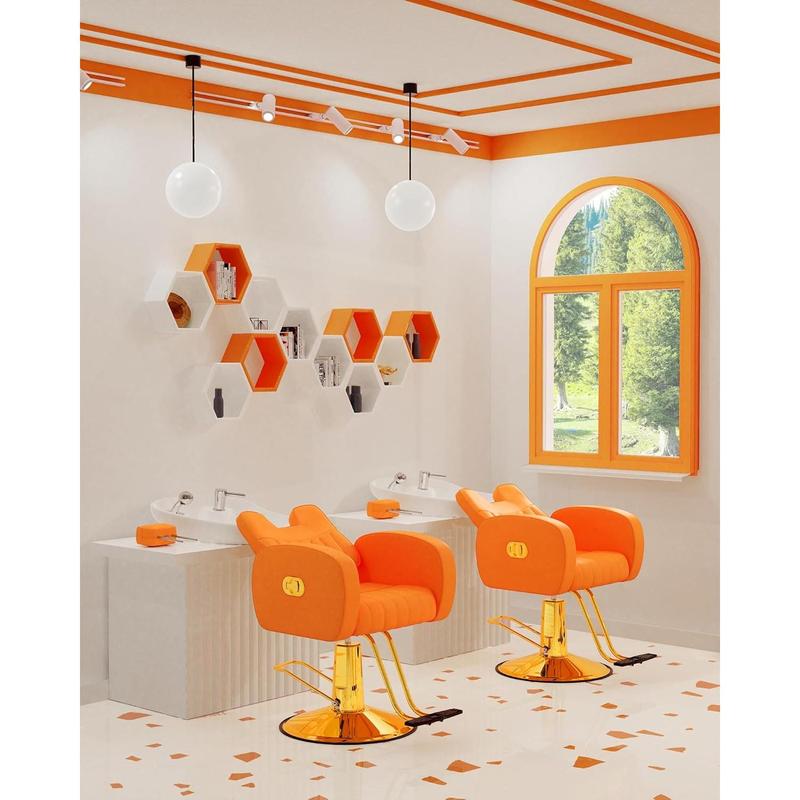 Silla de salón ergonómica dorada con cómodos cojines acolchados, silla de estilista resistente con estructura de acero, elegante silla de peluquería con tapicería de cuero, capacidad de peso de 200 kg (440 lbs).