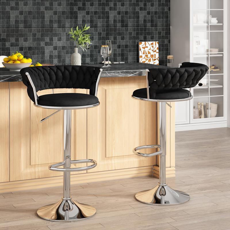 Juego de 2 taburetes de bar de terciopelo, sillas de bar minimalistas con altura ajustable, sillas tapizadas para isla de cocina, beige, negro, gris summergarden