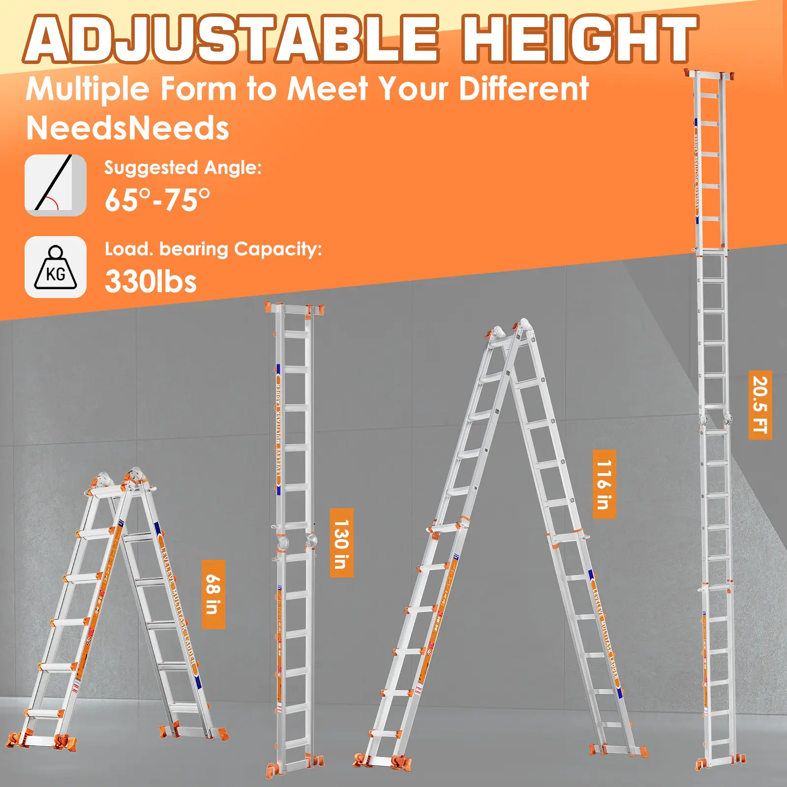 Escalera telescópica multiposición extensible: modos convertibles, escalera de tijera (tipo A) con barras estabilizadoras, diseño estrecho al plegarse, capacidad de carga de 330 libras (150 kg) y ruedas.