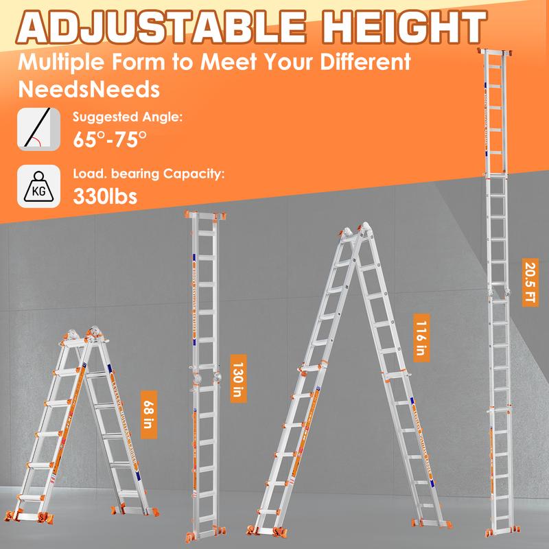 Escalera telescópica multiposición extensible LEVELEVE - Modos convertibles, escalera de tijera tipo A con barras estabilizadoras, ancho plegado reducido, capacidad de carga de 150 kg, ruedas, segura para trabajos en techos domésticos y exteriores, escale