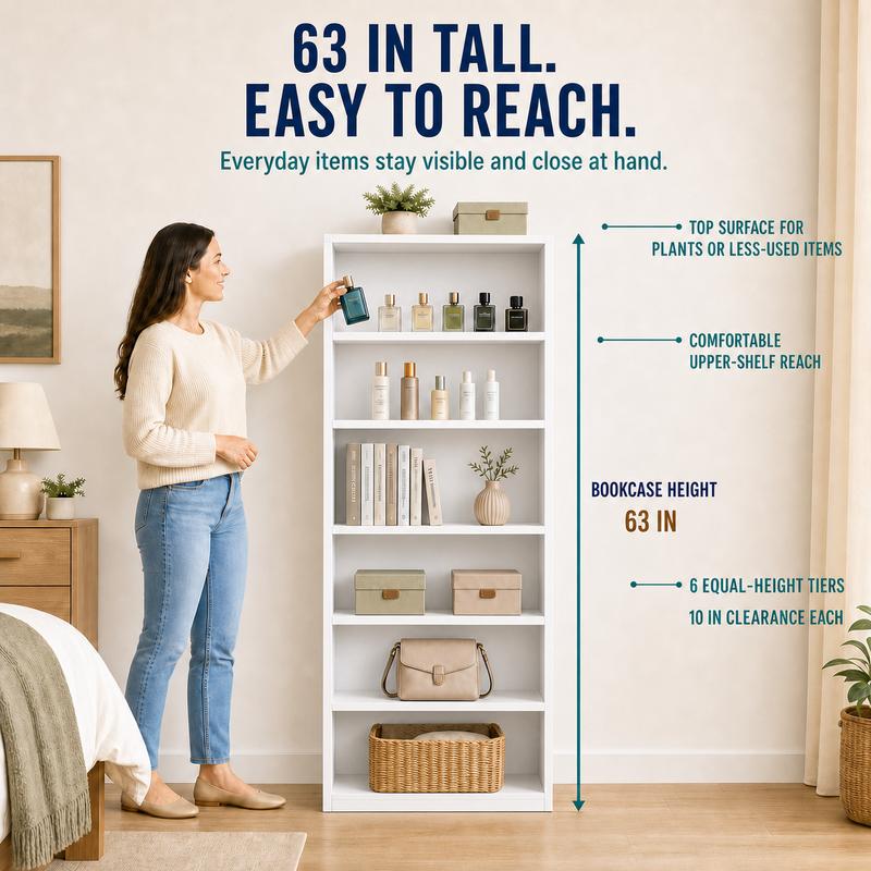 【Almacenamiento y exhibición de 6 niveles】 Librería y estantería independiente delgada IRONCK de 160 cm de altura para el hogar, la oficina y espacios pequeños, color blanco