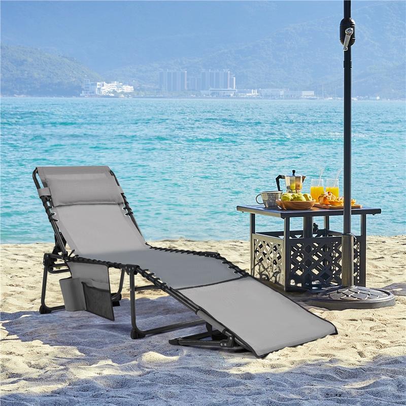 Silla plegable para tomar el sol en el patio, con orificio para la cara, tumbona reclinable ajustable en 5 posiciones, ranuras para los brazos, práctico espacio de almacenamiento para tomar el sol y broncearse la espalda.
