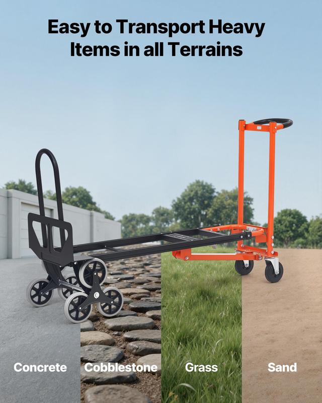 Carro industrial convertible 3 en 1 para subir escaleras, carga máxima de 350 kg, carretilla plegable con asa y ruedas, carro utilitario para subir escaleras, transporte y mudanzas, color naranja y plateado.
