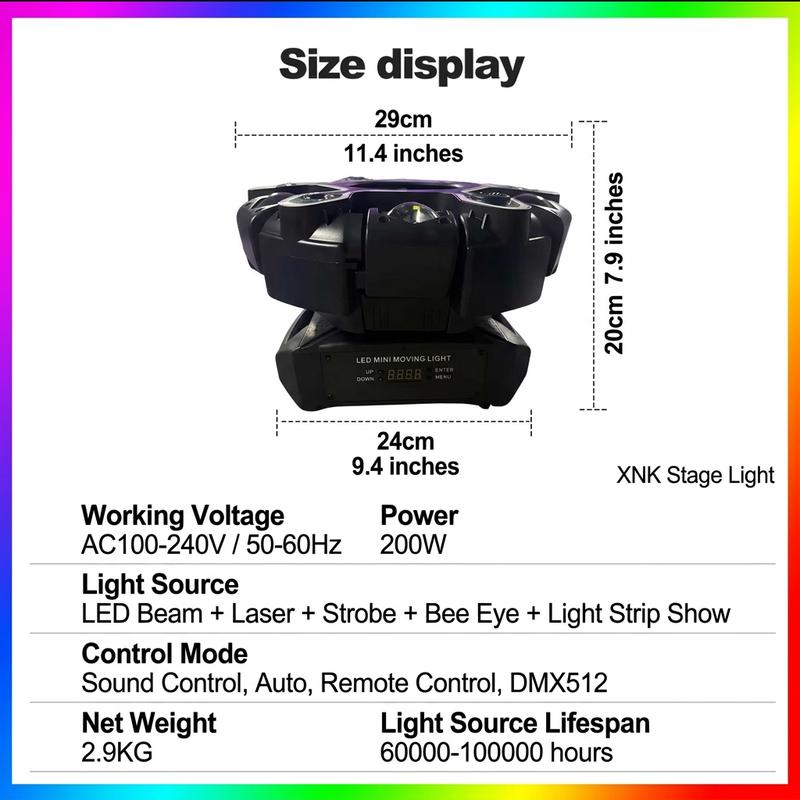 Cabeza móvil para DJ XNK 200W - Haz RGBW, estroboscopio de panal, DMX512, activado por sonido, luces LED coloridas, LED regulable, iluminación novedosa multicolor RGB para fiestas y escenarios summergarden, iluminación RGB dinámica, iluminación RGB ajusta